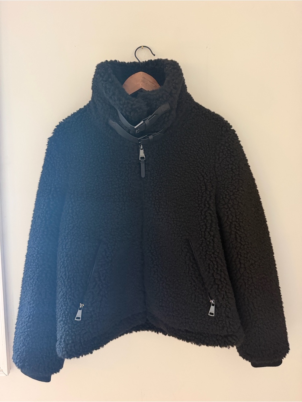 DKNY Black Teddy Sherpa Jacket with Buckle Collar Detail